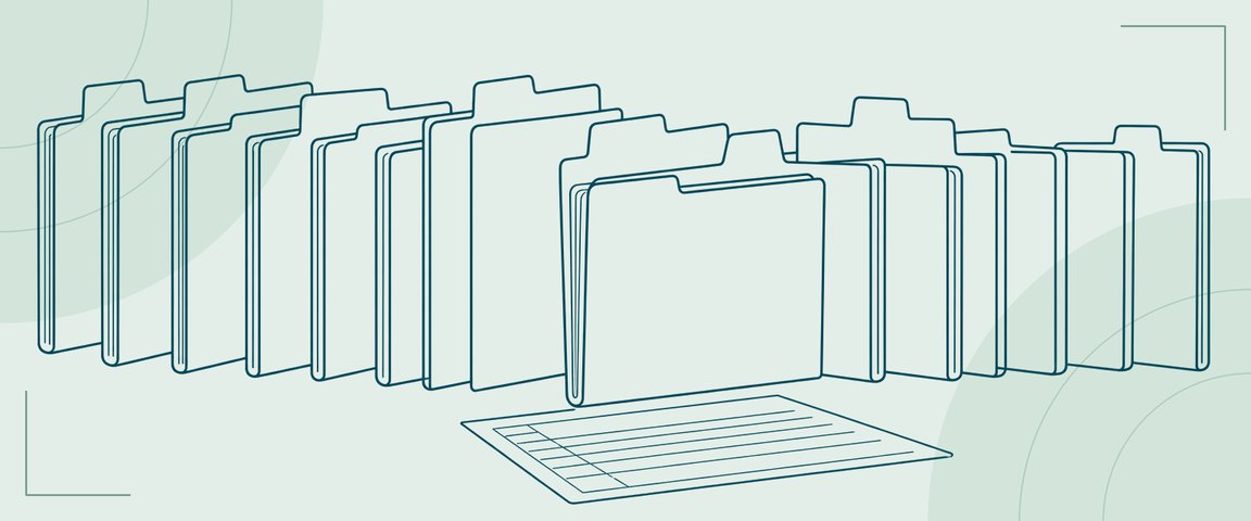 Line illustration of a row of upright case files with tabs and a docket sheet in front.