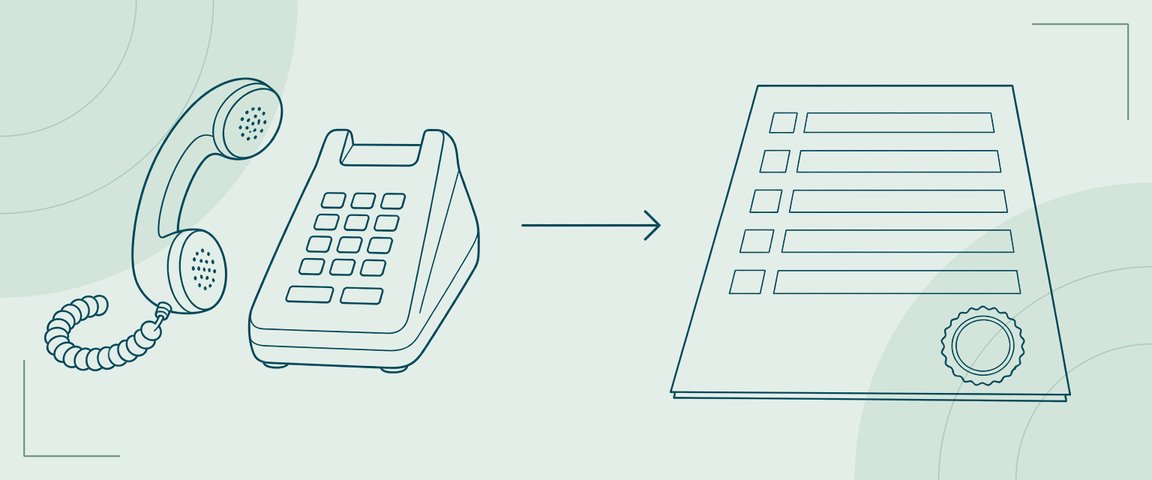 Line illustration of a desk telephone with an arrow pointing to a form with numbered boxes and a seal.