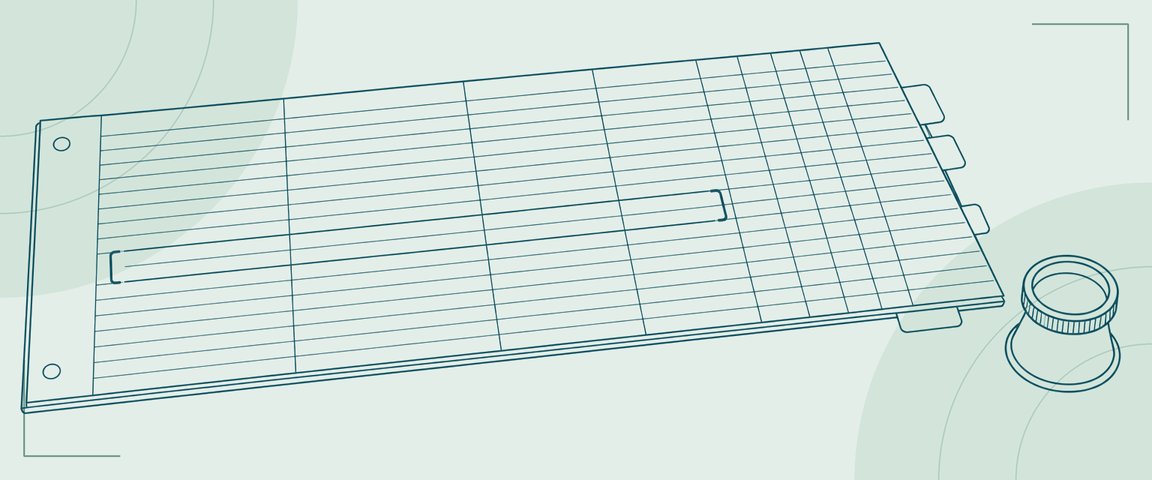 Line illustration of a ruled ledger sheet with one row bracketed and a loupe beside it.