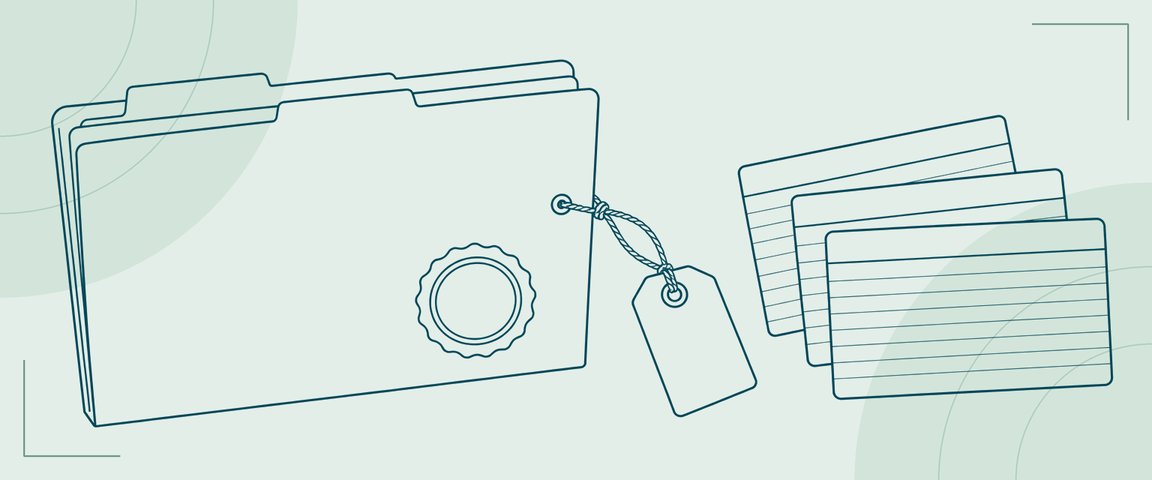 Line illustration of a tabbed folder with a seal and a tagged thread, and three index cards.
