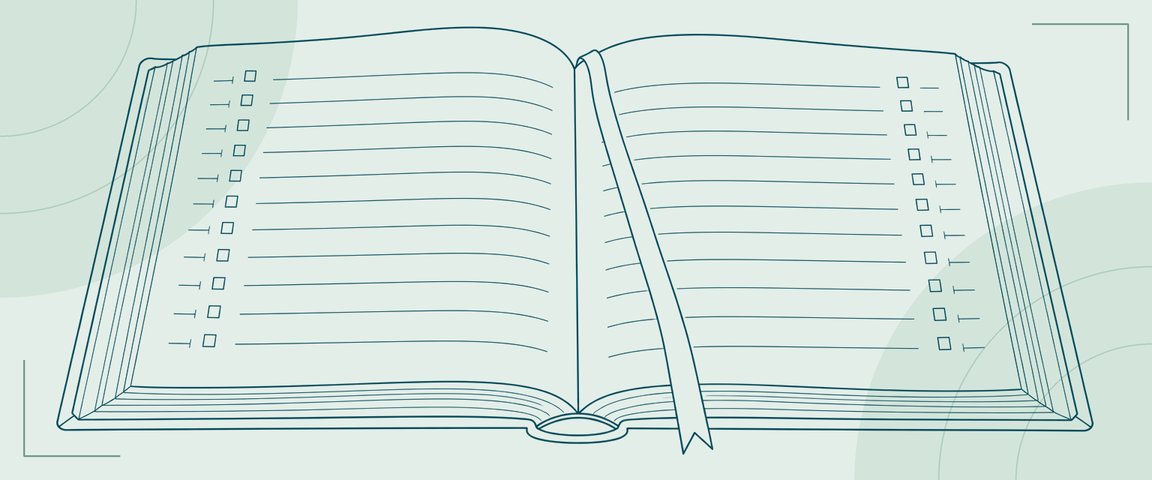 Line illustration of an open statute book with ruled lines and small square markers in the margins and a ribbon bookmark.
